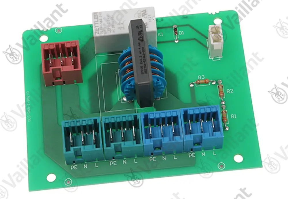 Elektronische Steuerplatine von Vaillant mit verschiedenen Anschlussklemmen und einem Relais, montiert auf einer grünen Leiterplatte.